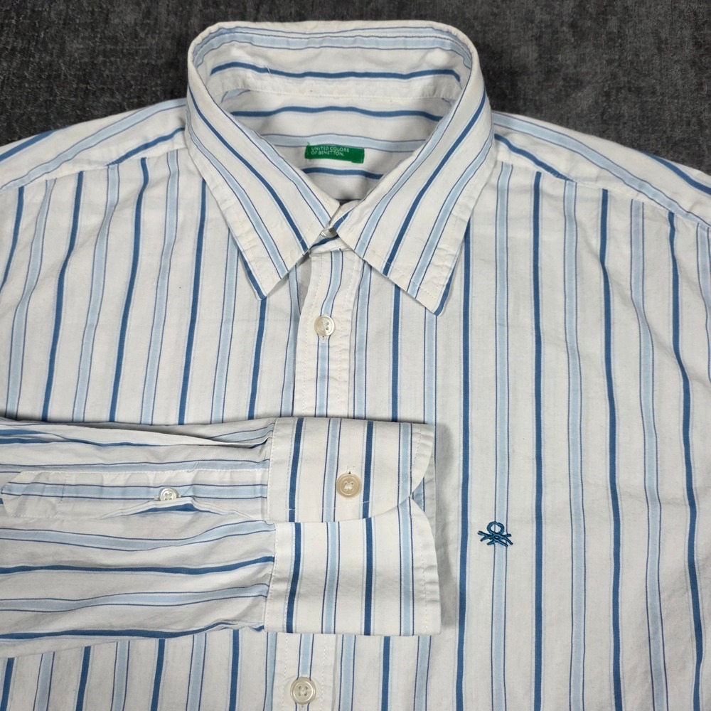 United Colors of Benetton Mens XL Striped Button Down Shirt Blue White Cotton